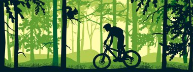 Horizontal banner. Silhouette of mountain bike rider in magical misty forest. Wild nature landscape. Owl on branch. Green illustration.	
