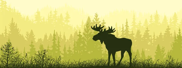 Horizontal Banner Silhouette Moose Standing Meadow Forrest Silhouette Animal Trees — Vetor de Stock