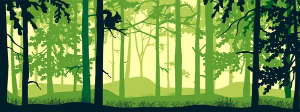 Bannière Horizontale Fond Forestier Silhouettes Arbres Hibou Sur Branche Paysage — Image vectorielle