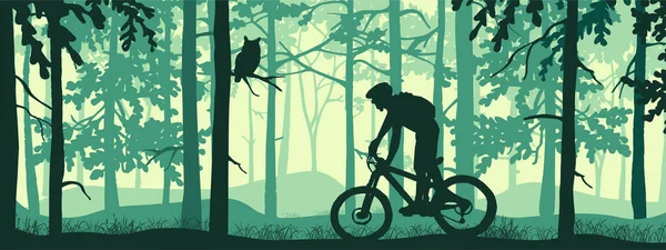 Horizontal Banner Silhouette Mountain Bike Rider Magical Misty Forest Wild — Image vectorielle