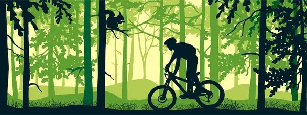 Horizontal Banner Silhouette Mountain Bike Rider Magical Misty Forest Wild — Vetor de Stock