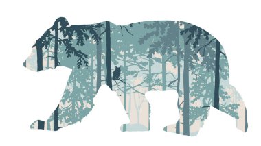 Magic misty forest in silhouette of bear. Trees, owl on branch. Blue wild landscape illustration. Animal isolated on white background.	