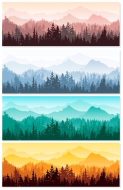 Forest and mountains silhouette set. Spring, summer, autumn and winter landscape. Orange, violet, blue, green illustration. Horizontal banner. 