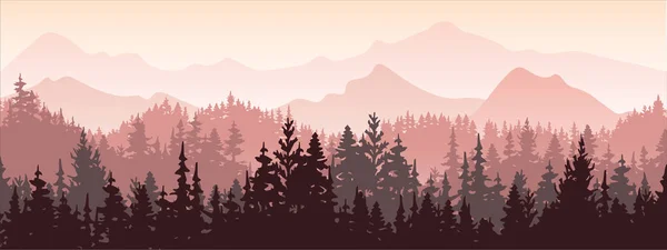 Horizontal Banner Magical Misty Landscape Silhouette Forest Mountains Fog Nature —  Vetores de Stock
