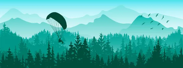 Horizontale Banner Magisch Mistig Landschap Met Paraglider Vogels Silhouetten Van — Stockvector
