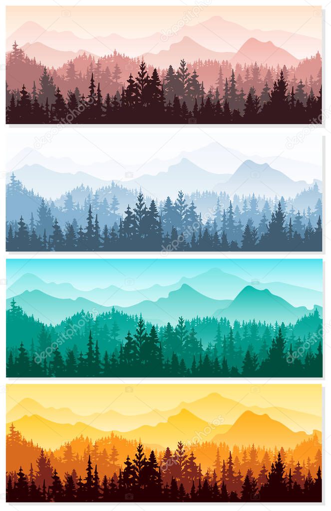 Forest and mountains silhouette set. Spring, summer, autumn and winter landscape. Orange, violet, blue, green illustration. Horizontal banner. 