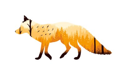Magic misty landscape in silhouette of fox. Trees, grass, birds. Orange wildlife landscape illustration. Animal isolated on white background.	