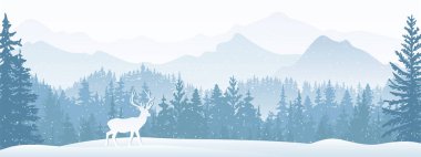 Winter landscape Christmas card. Deer in snow, forest and mountains in the background. Magical misty nature, wildlife. Merry Christmas and Happy New Year. Text insert.