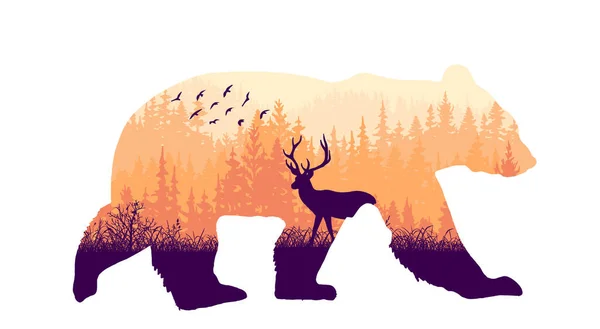 クマのシルエットの魔法の霧の森 芝生の牧草地で鹿 ピンクとオレンジの野生の風景イラスト 白い背景に隔離された動物 — ストックベクタ
