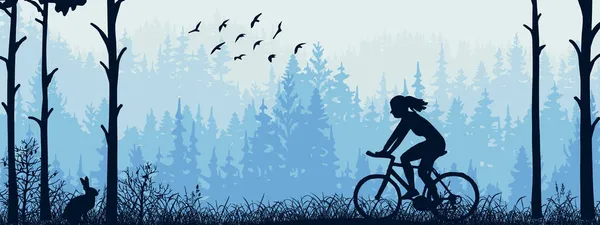 Bannière Horizontale Silhouette Fille Vélo Sur Prairie Dans Forêt Silhouette — Image vectorielle