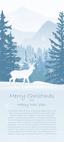 Winter Landscape Christmas Card Deer Snow Forest Mountains Background Magical — Stock Vector