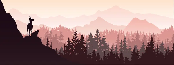 Horizontal Banner Chamois Stands Top Hill Mountains Forest Background Silhouette — Stock Vector