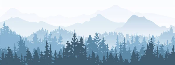 Bandiera Orizzontale Paesaggio Nebbioso Magico Silhouette Foresta Montagne Nebbia Sfondo — Vettoriale Stock