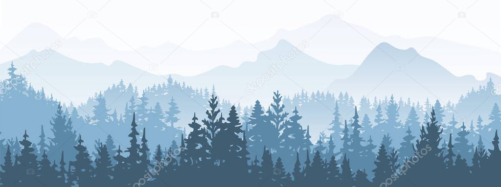 Horizontal banner. Magical misty landscape. Silhouette of forest and mountains, fog. Nature background. Blue and white illustration. ?Bookmark.