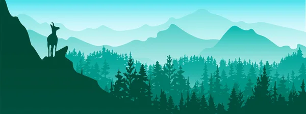 Horizontal Banner Chamois Stands Top Hill Mountains Forest Background Silhouette — Stock Vector