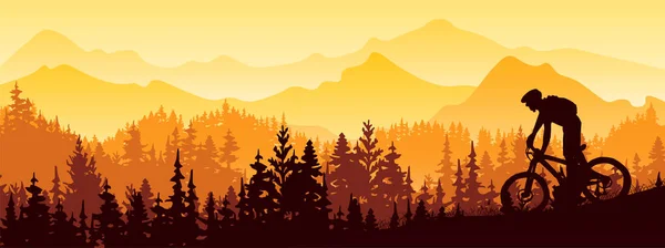 Silhouette Mountain Bike Rider Wild Nature Landscape Mountains Forest Background — Vector de stock