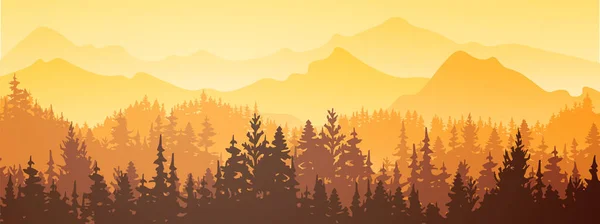 Banner Horizontal Paisaje Brumoso Mágico Silueta Bosque Montañas Niebla Fondo — Vector de stock