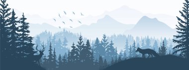 Yatay pankart. Çim tepesinde duran tilki ve geyik silueti. Arka planda dağlar ve orman var. Sihirli sisli manzara, ağaçlar, hayvanlar. Mavi illüstrasyon, yer imi.