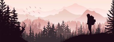 Yatay pankart. Sırt çantalı turist silueti ormanda çayırda duruyor, geyikleri izliyor. Arka planda dağlar ve ağaçlar var. Sihirli sisli manzara, sis. Pembe, menekşe renginde. Yer İmi.