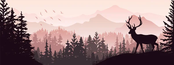 Bandiera Orizzontale Silhouette Cervo Piedi Erba Collina Montagne Foresta Sullo — Vettoriale Stock