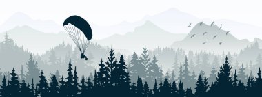 Horizontal banner. Magical misty landscape with paraglider and birds. Silhouettes of trees and mountains. Gray illustration.	
