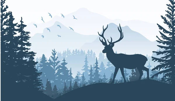 Horizontal Banner Silhouette Deer Standing Grass Hill Mountains Forest Background — Stock Vector