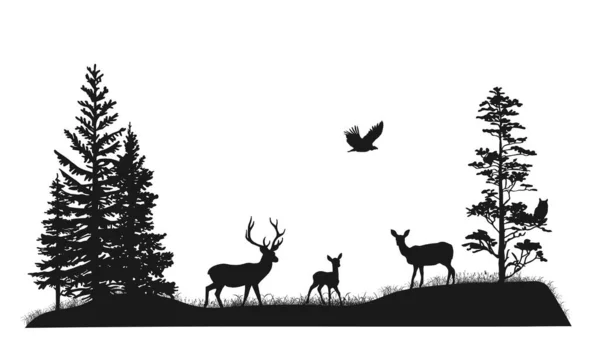 Set Silhouettes Trees Wild Forest Animals Deer Fawn Doe Owl — 스톡 벡터