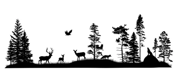 Set Silhouetten Van Bomen Wilde Bosdieren Herten Fawn Doe Vos — Stockvector