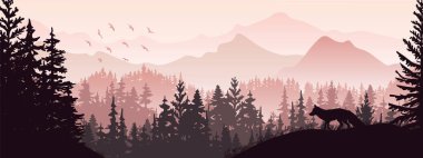 Horizontal banner. Silhouette of fox standing on grass hill. Deer. Mountains and forest in the background. Magical misty landscape, trees, animal. Pink, orange illustration, bookmark. 