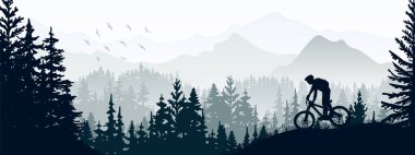 Silhouette of mountain bike rider in wild nature landscape. Mountains, forest in background. Magical misty nature. Gray illustration.	