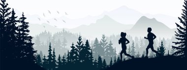Silhouette of boy and girl jogging. Forest, meadow, mountains. Horizontal landscape banner. Illustration.	