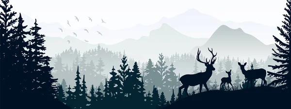 Horizontal Banner Silhouette Deer Doe Fawn Standing Meadow Forrest Silhouette — Stock Vector