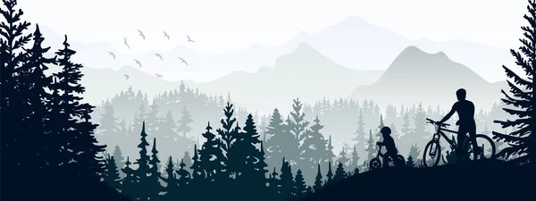 Silueta Padre Hijo Montando Bicicletas Paisaje Salvaje Naturaleza Bosque Montañas — Vector de stock