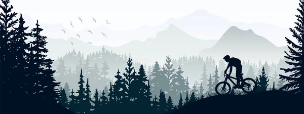 Silhouette Mountain Bike Rider Wild Nature Landscape Mountains Forest Background — Stockový vektor