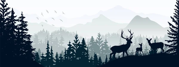 Horizontale Banner Silhouet Van Herten Reeën Reeën Weiden Het Bos — Stockvector