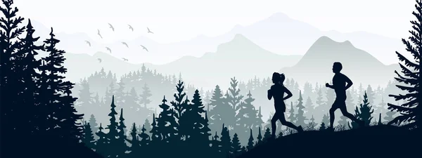 Silhouette Boy Girl Jogging Forest Meadow Mountains Horizontal Landscape Banner — Stockvector