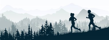 Silhouette of boy and girl jogging. Forest, meadow, mountains. Horizontal landscape banner. Illustration.	