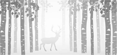 Geyikli huş ağacı ormanı. Ağaçların ve hayvanların silueti. Yatay pankart, sihirli puslu manzara. Gri çizim. 