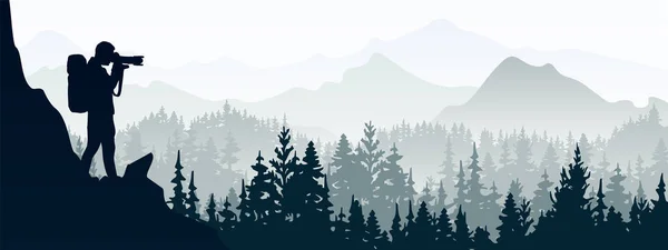 Photographer Stands Top Rock Take Picture Landscape Mountains Forest Background — Vector de stock