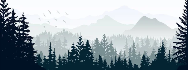 Banner Horizontal Paisaje Brumoso Mágico Silueta Bosque Montañas Niebla Fondo — Vector de stock