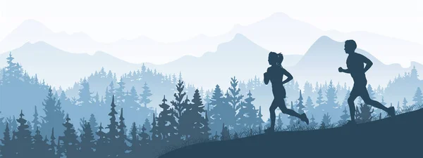 Silhouette Boy Girl Jogging Forest Meadow Mountains Horizontal Landscape Banner — Vettoriale Stock
