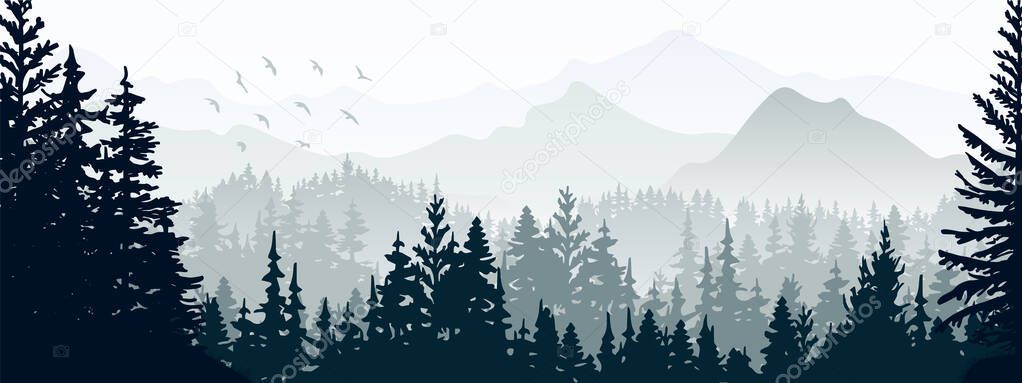 Horizontal banner. Magical misty landscape. Silhouette of forest and mountains, fog. Nature background. Gray and white illustration. Bookmark.