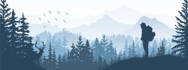 Horizontal banner. Silhouette of tourist with backpack stands on meadow in forrest, watch deer. Mountains and trees in background. Magical misty landscape, fog. Blue, gray illustration. Bookmark.