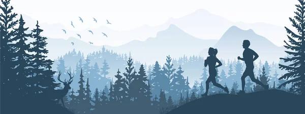 Silhouette Von Jungen Und Mädchen Beim Joggen Wald Wiese Berge — Stockvektor
