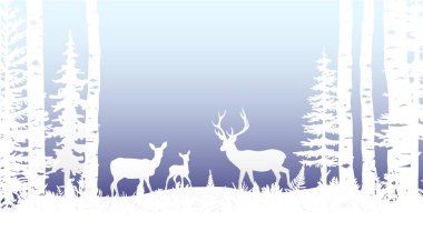Kış manzaralı Noel kartı. Geyik, geyik, geyik, kardaki geyik, orman ve tepelerdeki geyik, huş ağacı, parantez. Sihirli sisli doğa, vahşi yaşam. Mutlu Noeller ve mutlu yıllar..