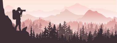 Photographer stands on top of rock take picture of landscape. Mountains and forest in background. Silhouette illustration.	