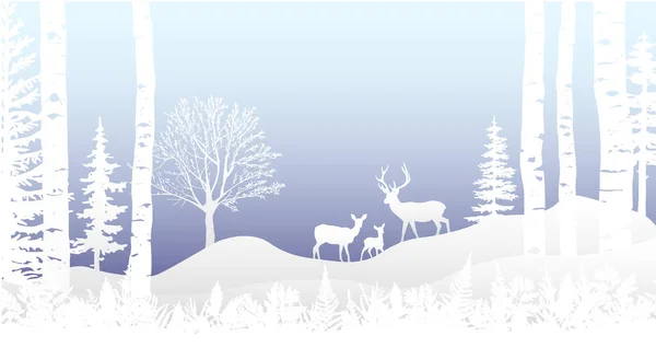 Zimowa Kartka Świąteczna Jelenie Jelonki Jelonki Śniegu Lasy Wzgórza Brzozy — Wektor stockowy