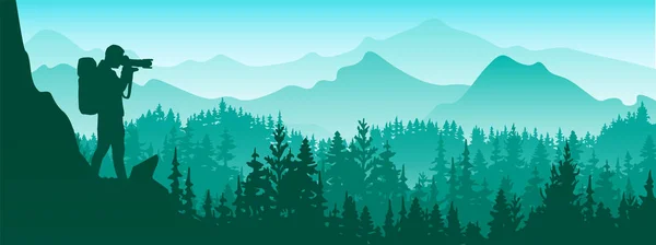 Photographer Stands Top Rock Take Picture Landscape Mountains Forest Background — Stockvector