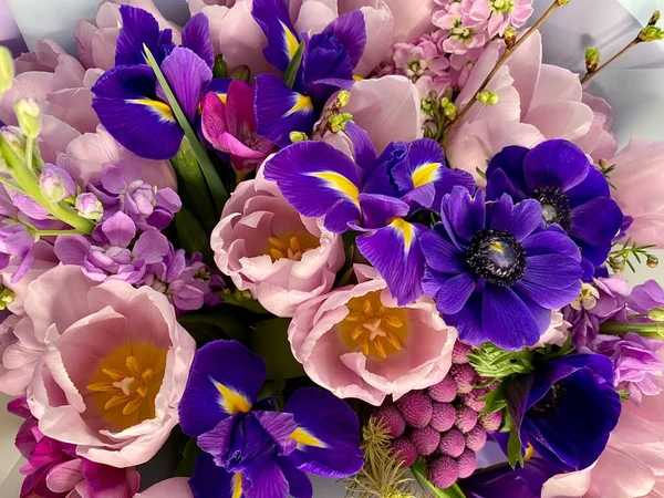 Bright Fresh Bouquet Different Spring Flowers Mix Tulips Irises Daisies — Stock Photo, Image