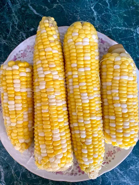 Sweet Boiled Corn Close Tasty Food Nutritious Agricultural Organic Vegan — Stock Fotó